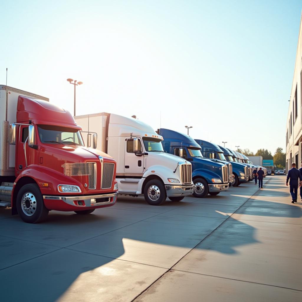 Line of commercial trucks receiving scheduled maintenance