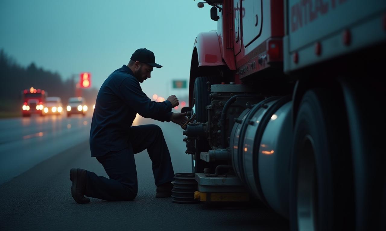 Mechanic working on a semi-truck engine on the side of the highway