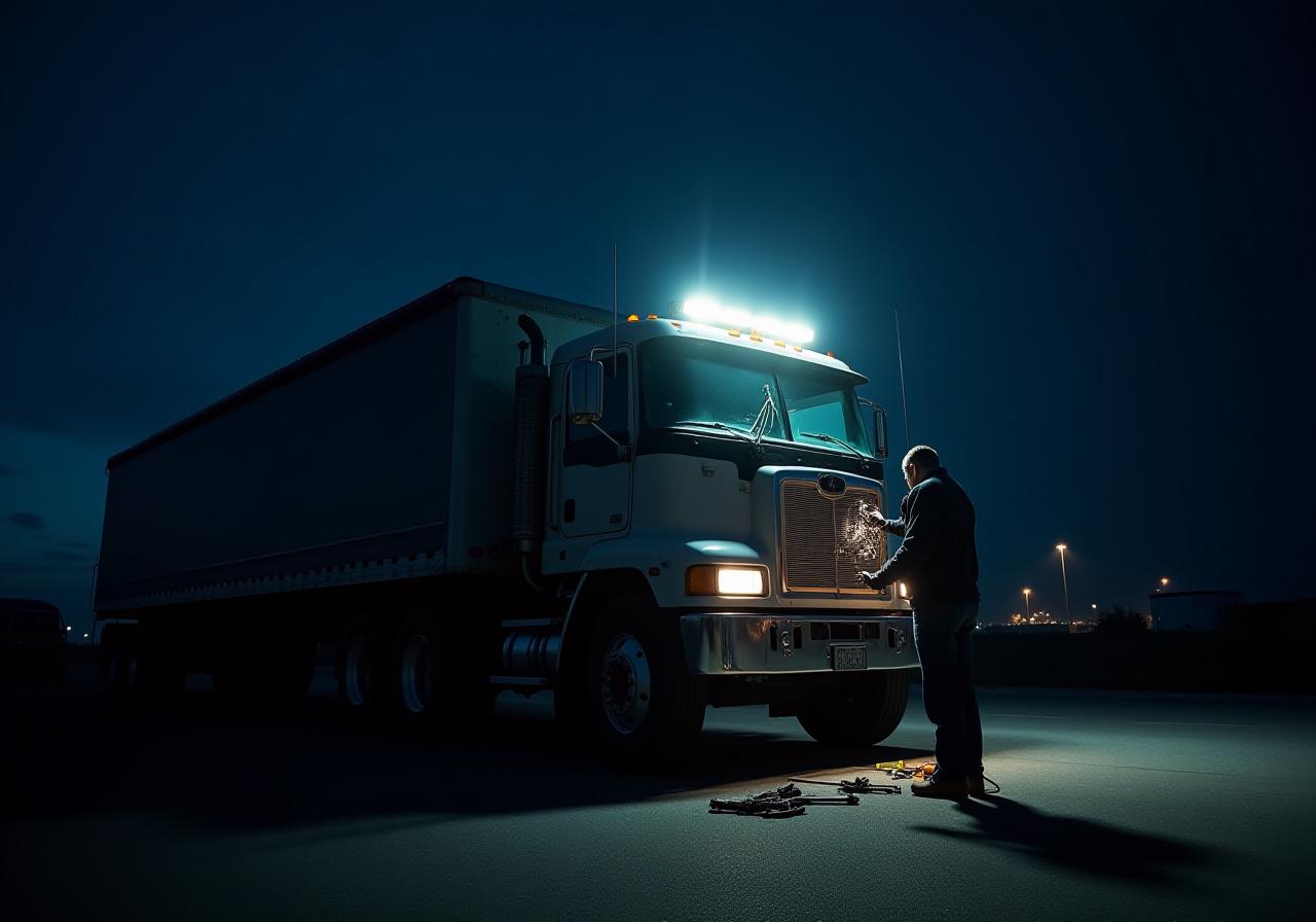 Mechanic working on a truck at night under work lights